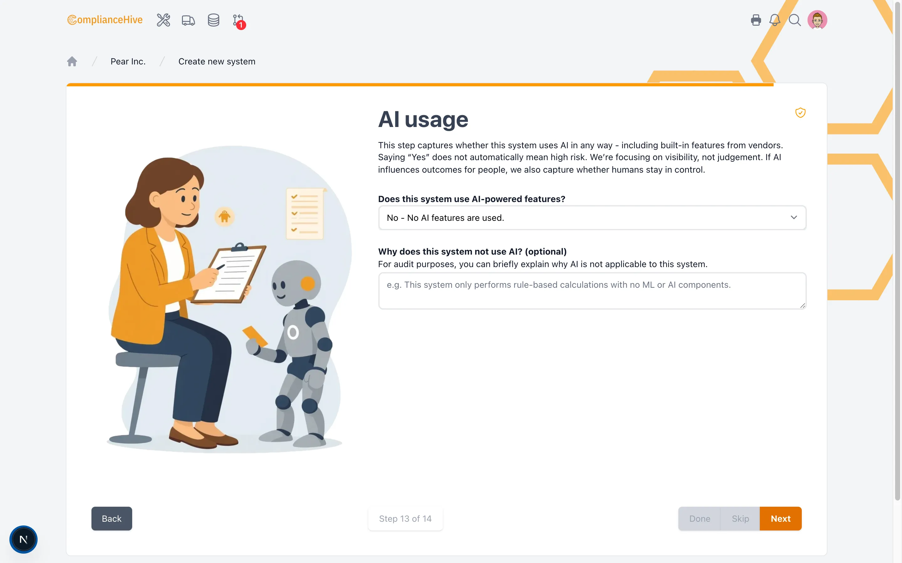 ComplianceHive AI system register showing risk class and AI type per system
