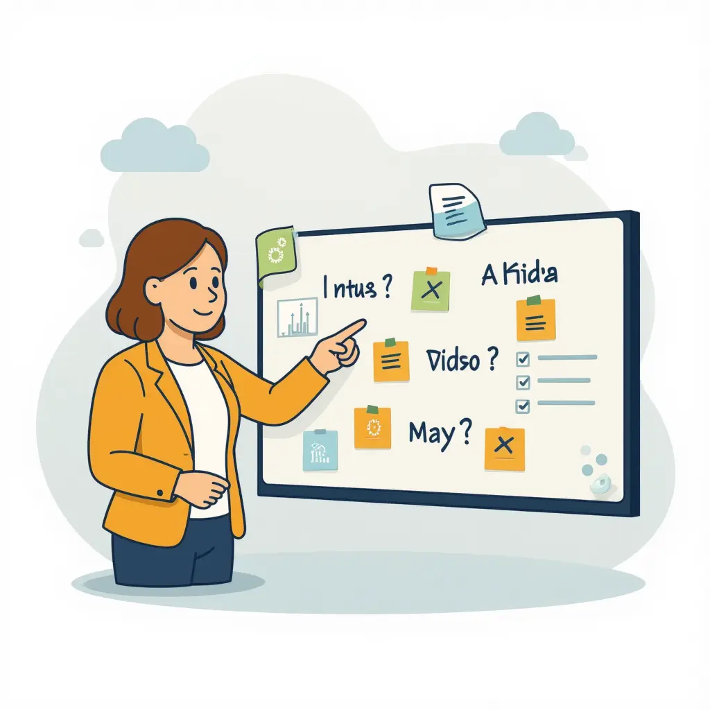 Agnes in a team meeting with a whiteboard showing AI tools and post-its, building an AI systems overview