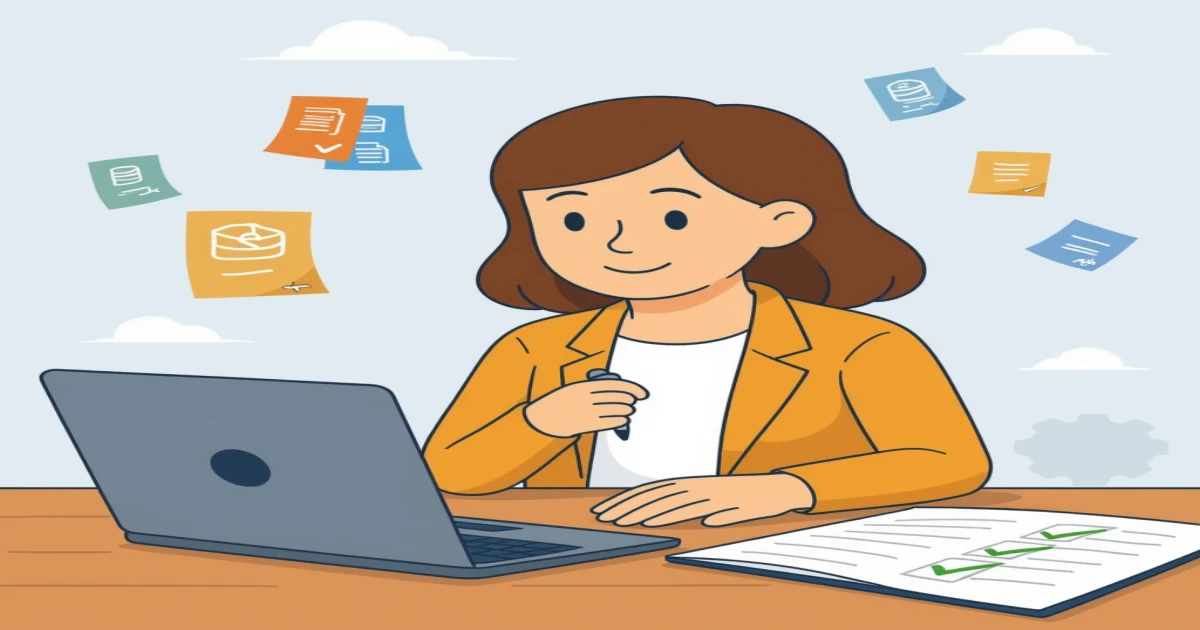 Agnes sets up an AI register step by step at a desk covered in sticky notes and a laptop
