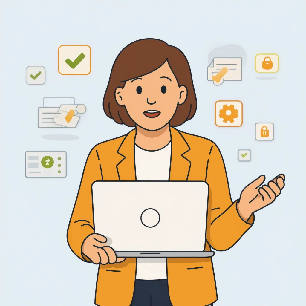 An employee working on a laptop with various SaaS app icons around her, some approved, some unknown