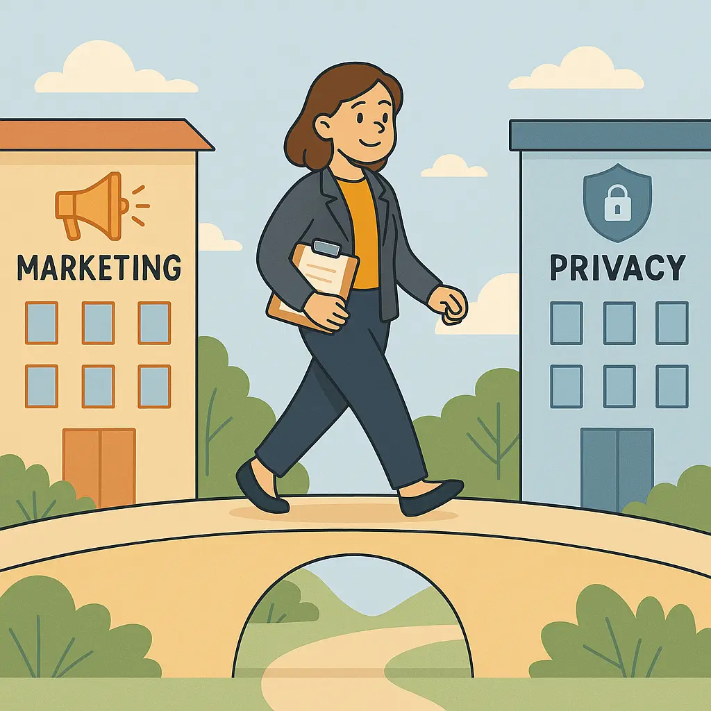 Een persoon loopt over een brug tussen een marketinggebouw en een privacygebouw, als symbool voor de balans tussen marketing en privacy.