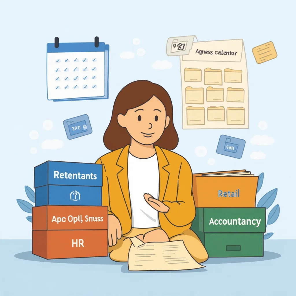 Agnes staat naast drie archiefkasten in drie kleuren voor HR, Retail en Accountancy, elk met een andere timer erop