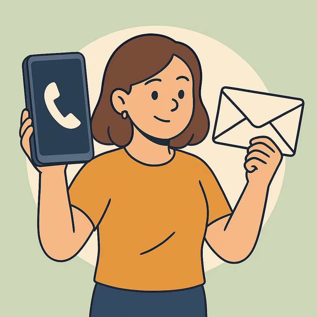 Een persoon die een telefoon en een envelop vasthoudt