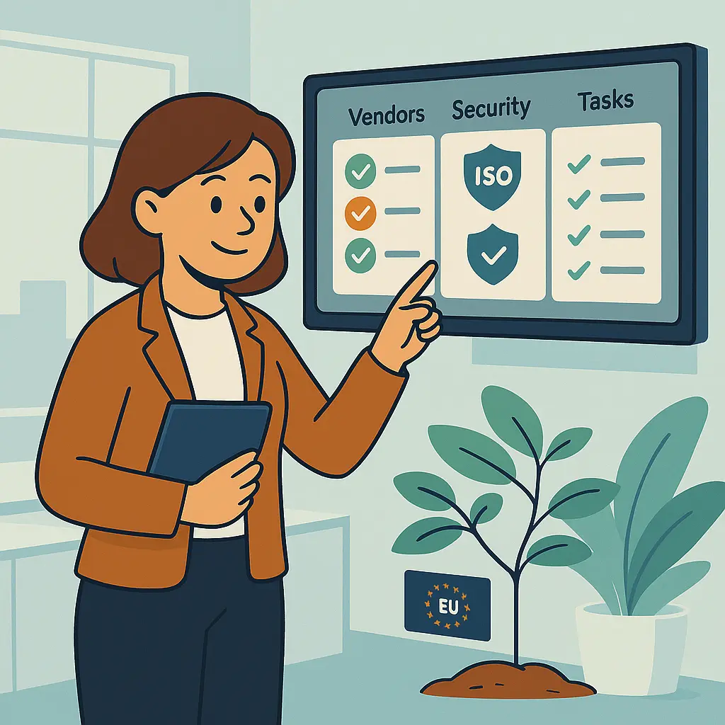 Een cartoonstijl afbeelding van Agnes in een controlekamer die overzicht heeft over leveranciers en beveiligingsrisico's.