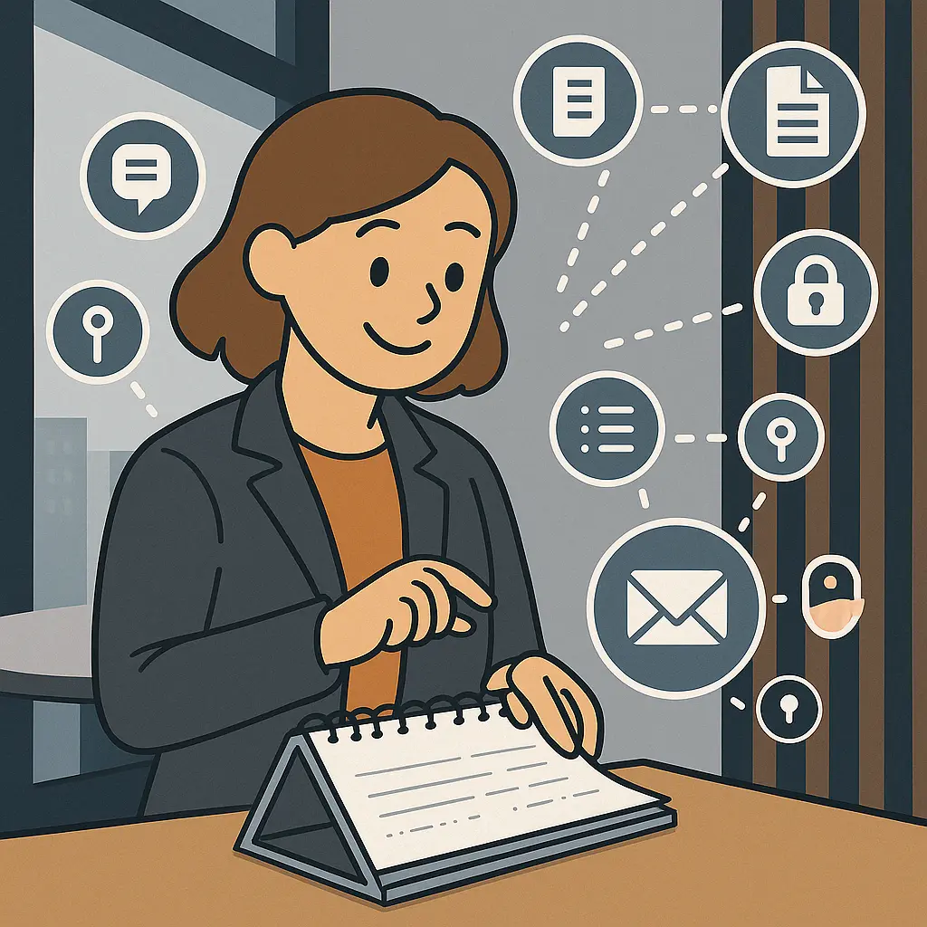 Persoon in smoking met tablet bekijkt documenten