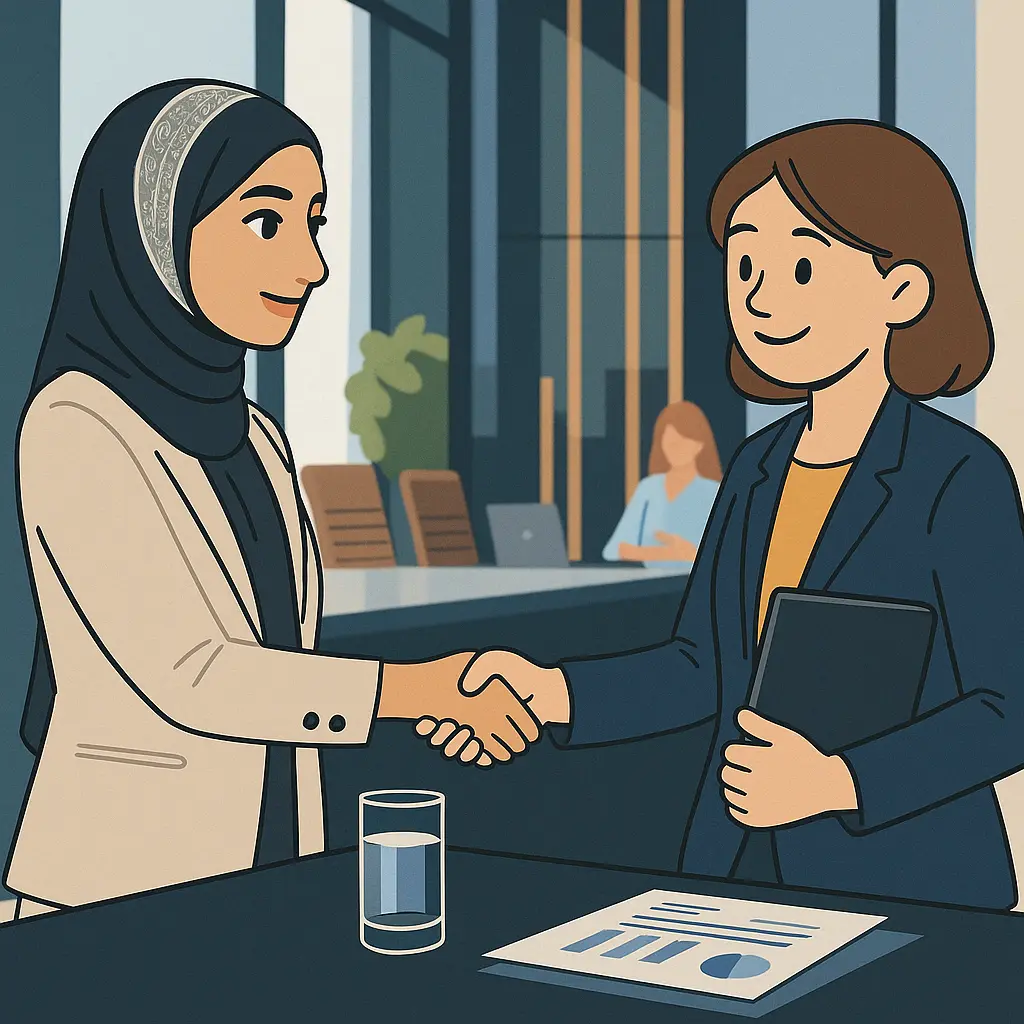 Een vertegenwoordiger van een verkoper schudt de hand van een zakelijke professional, wat staat voor partnerschap en overeenkomst.