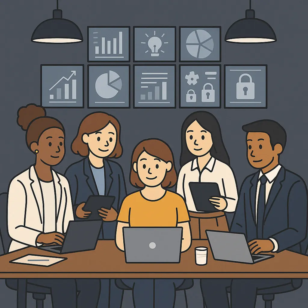 een diverse groep professionals in een moderne kantooromgeving, in gesprek of samenwerkend op een laptop