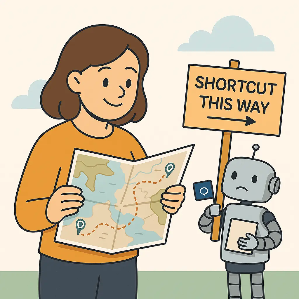 Een persoon kijkt zelfverzekerd naar een kaart, naast haar een robot met een bord waarop 'Shortcut' staat.