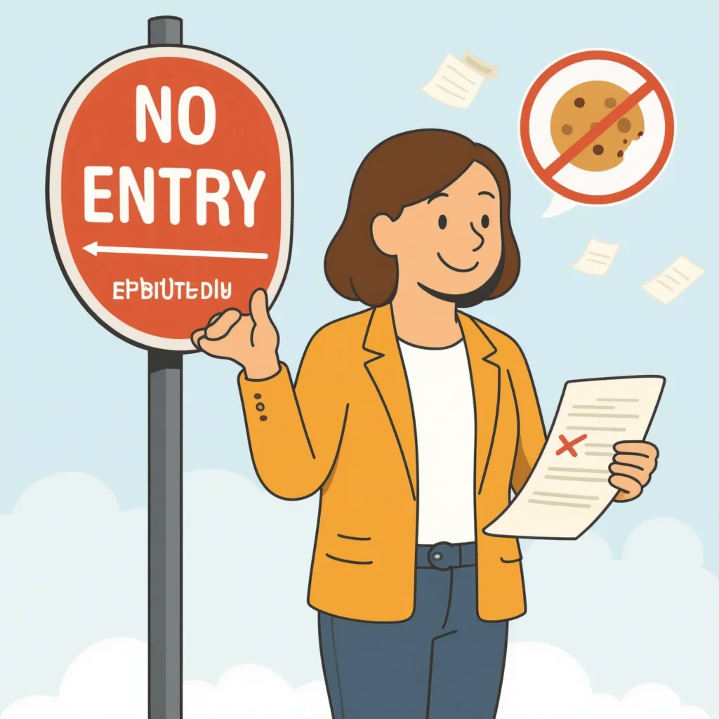 Agnes standing in front of a closed door labeled 'ePrivacy Reform', holding an action list
