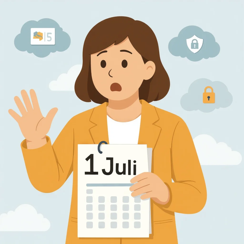 Agnes houdt een kalender vast met '1 Juli' — de inwerkingtreding van de Cyberbeveiligingswet
