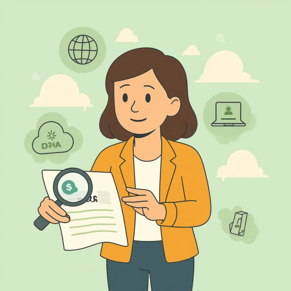 Agnes bekijkt een DPIA-document met een vergrootglas