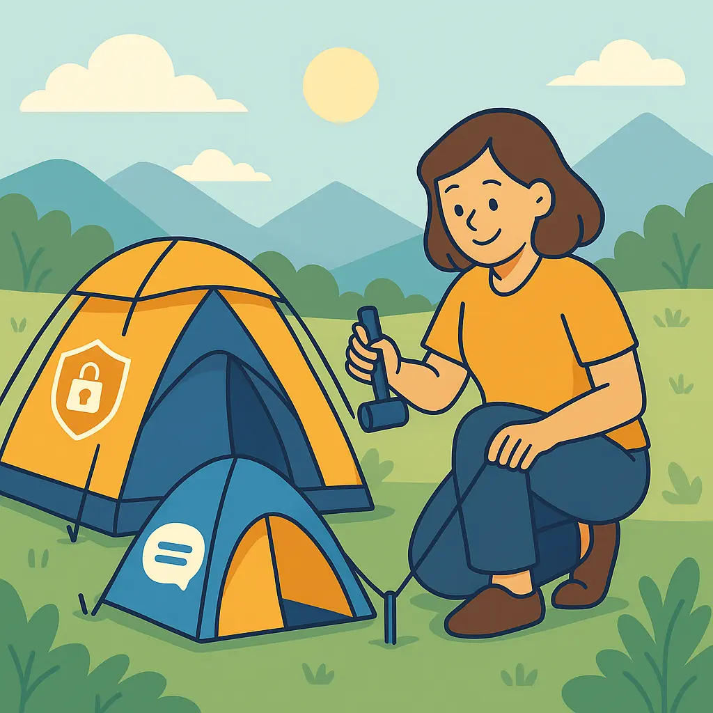 Een cartoonstijl afbeelding van Agnes die twee tenten opzet, 1 gelabeld AVG en 1 gelabeld DSA, op haar reis naar de top van berg compliance.