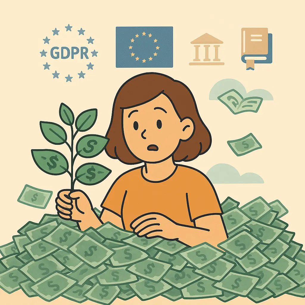 Een persoon die in een stapel geld zit en verrast kijkt naar het bedrag aan boetes