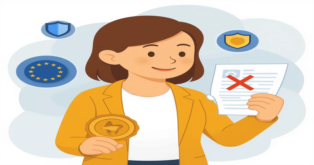 Agnes holding a certification badge with EU stars as an alternative to an SCC document