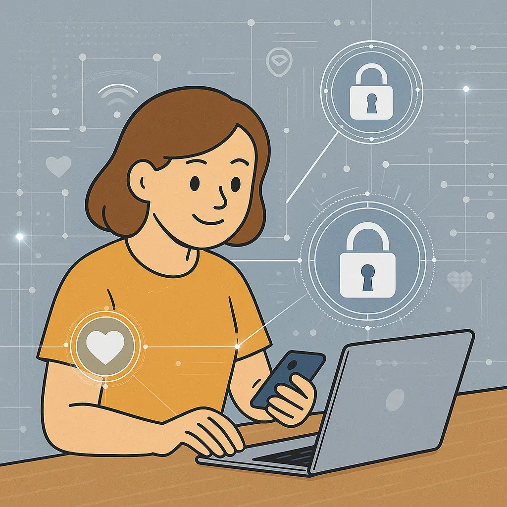 Een persoon met een laptop, boven de laptop is een slot afgebeeld