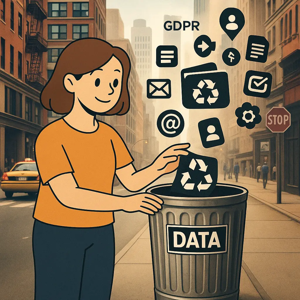 Een persoon die naast een prullenbak of vuilniswagen staat, met een vel papier of map in de hand die data vertegenwoordigt.