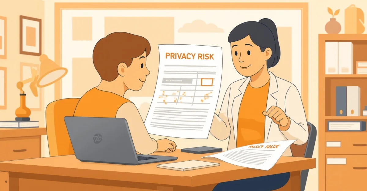 Agnes reviewing a privacy risk assessment on her laptop in a small office