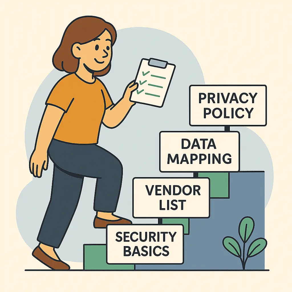Een persoon die een trap oploopt, wat geleidelijke vooruitgang naar compliance symboliseert.