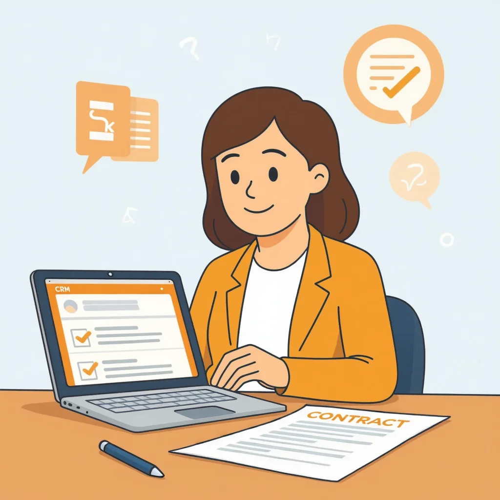 Agnes reviewing a contract at her laptop, professional pose, with a CRM database icon visible on the screen.