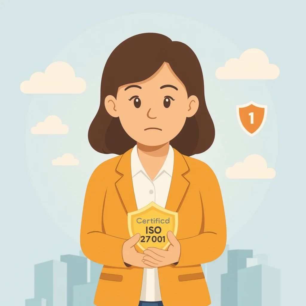 Agnes holding a gold ISO 27001 certification badge