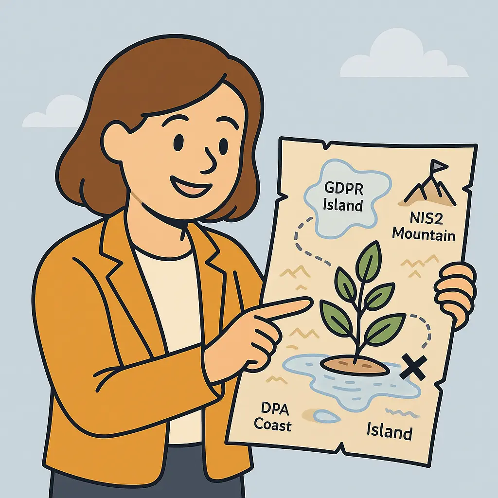 Een persoon met een schatkaart, die de reis naar compliance symboliseert.