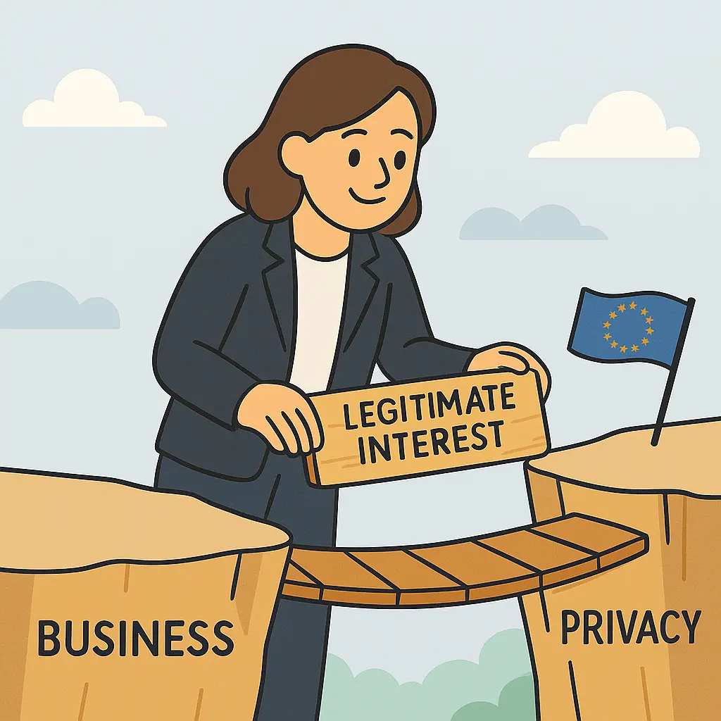 Een cartoonstijl afbeelding van Agnes die een plank tussen twee kliffen plaatst, als symbool voor het afwegen van zakelijke belangen en gebruikersrechten onder de AVG.