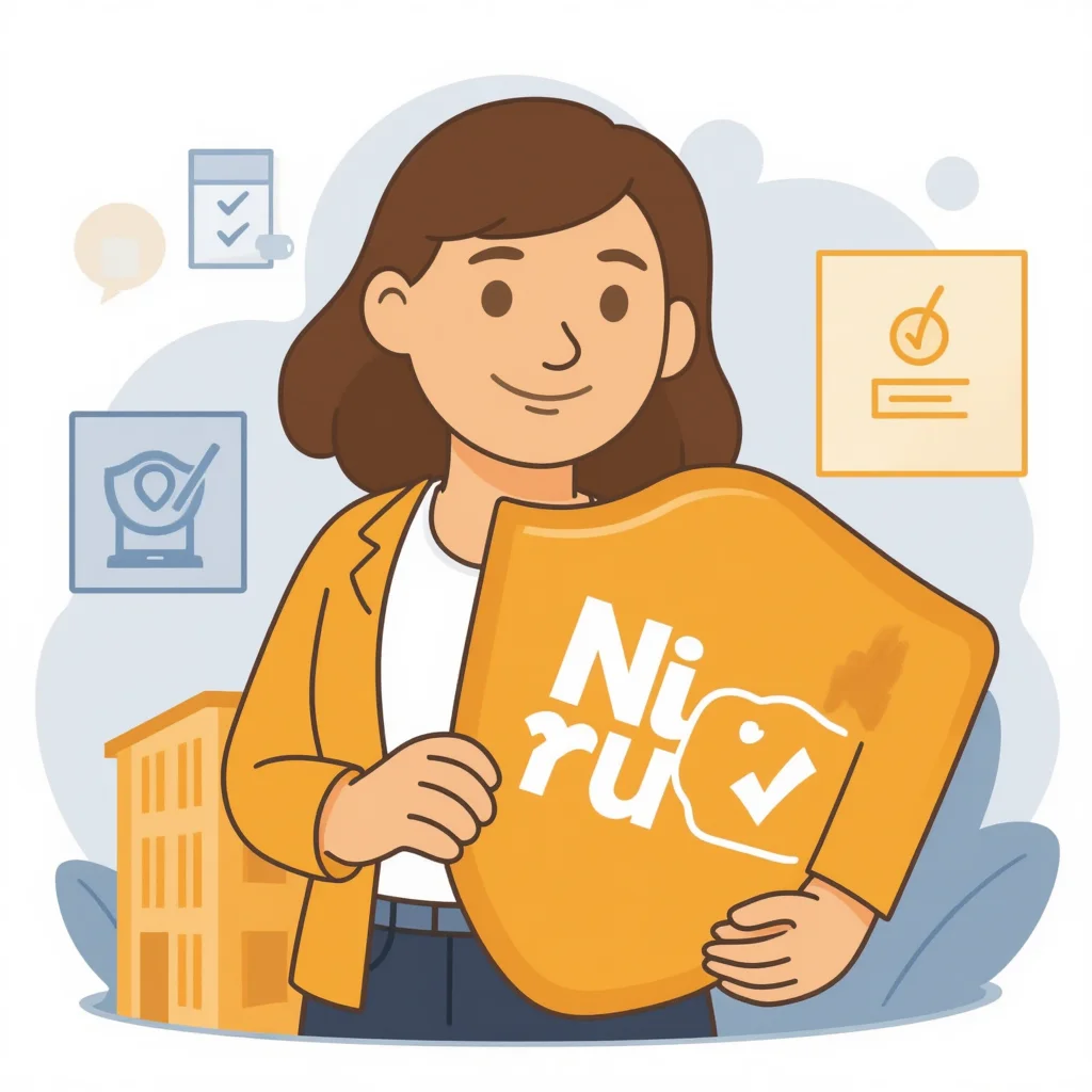 A cartoon-style image of Agnes standing in front of a small office building with a NIS2 shield above it, holding a checklist.