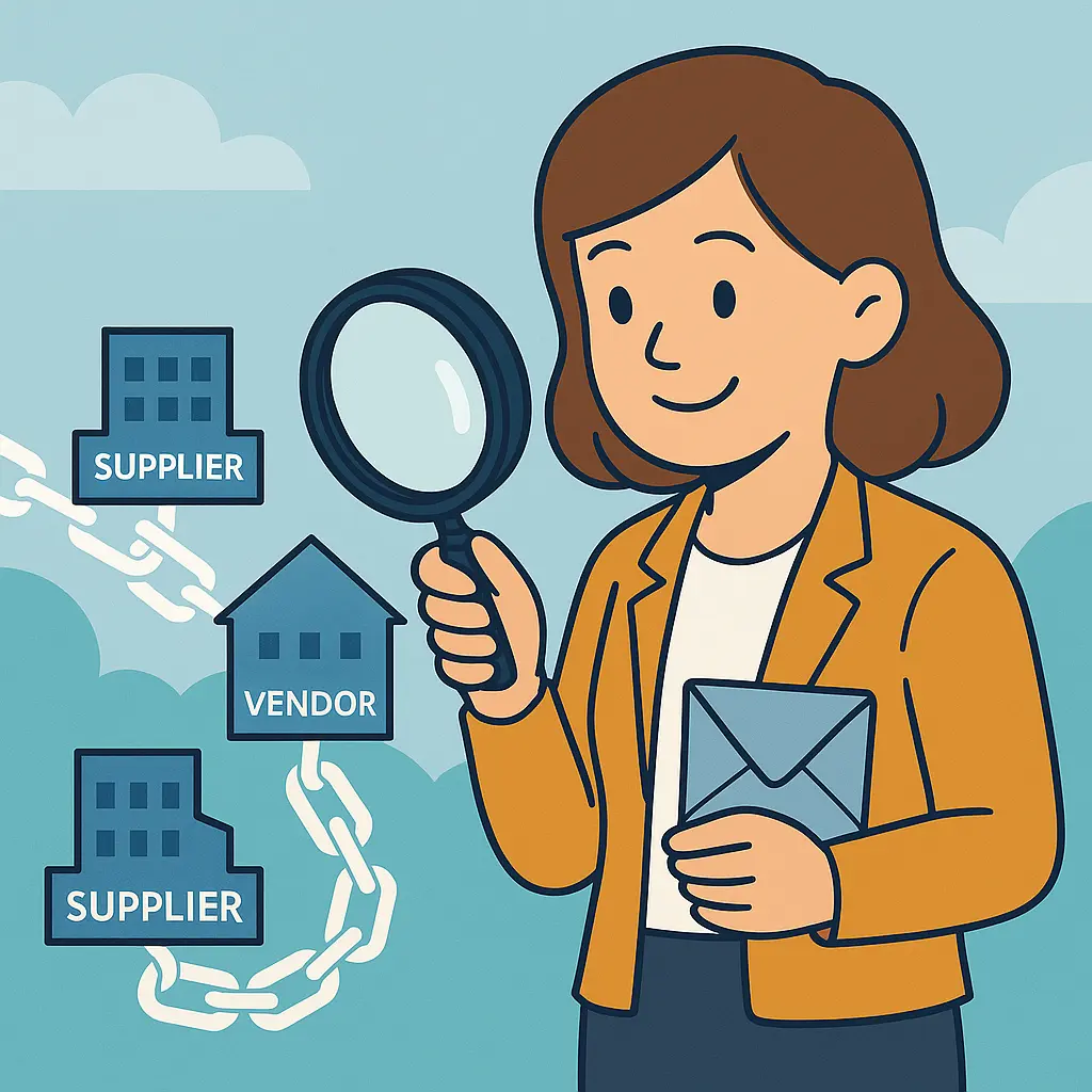 Een cartoonachtige afbeelding van Agnes die met een vergrootglas kijkt naar een ketting van leveranciers, waarbij één leverancier in het midden wordt uitgelicht."