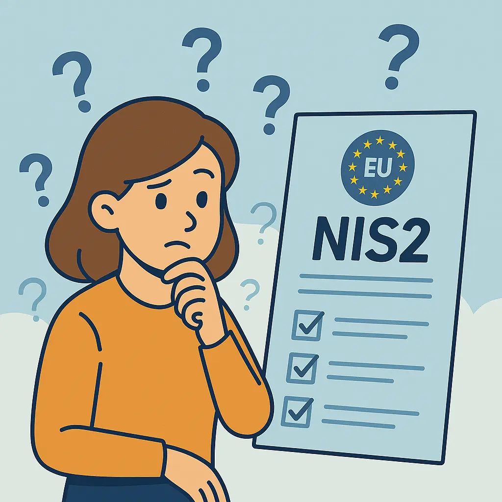 Een cartoonachtige afbeelding van Agnes die kijkt naar een groot EU-document met het label 'NIS2', omringd door vraagtekens en checklisten.