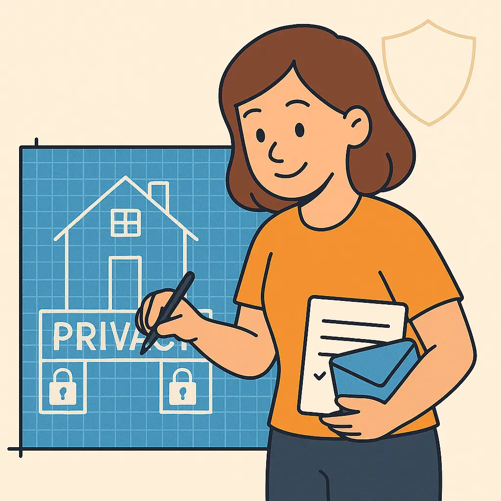 Een cartoonstijl afbeelding van Agnes die de eerste schets maakt van een huis met grote 'privacy'-borden verwerkt in de fundering.
