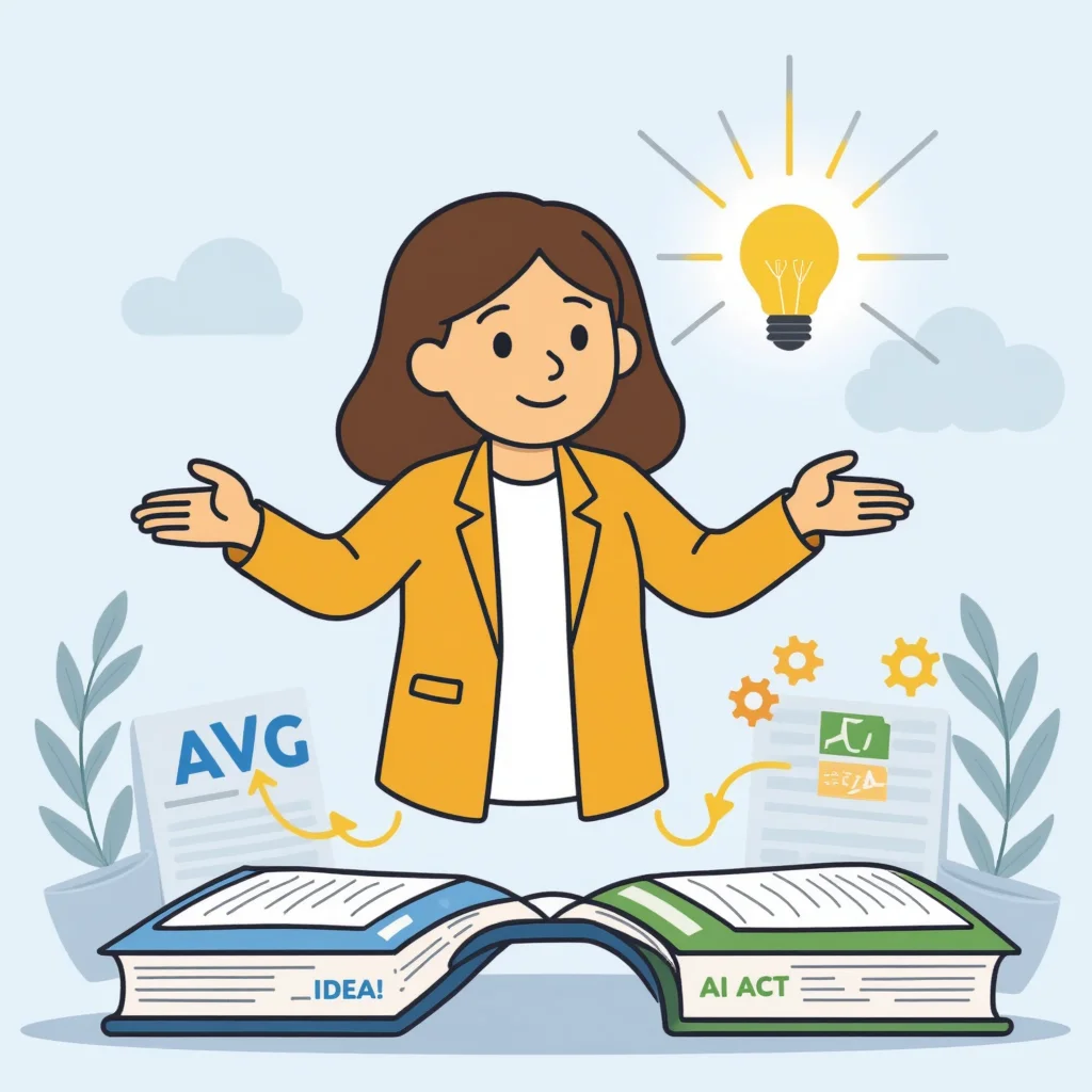 Agnes connecting two documents (one with a GDPR logo, one with an AI Act logo) with a bridge between them, smiling cleverly with a lightbulb above her head