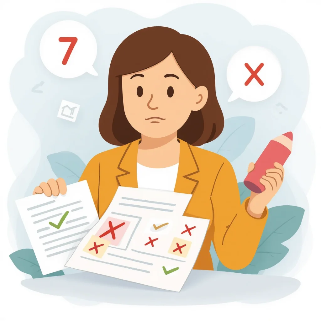 Agnes with a checklist and an eraser, focused expression, documents with items being ticked off
