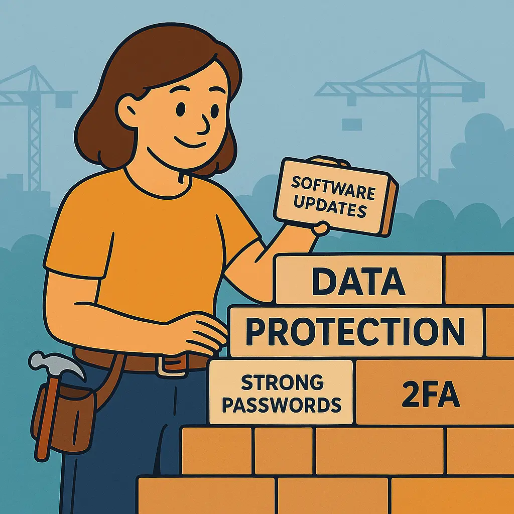 Een cartoonstijl afbeelding van Agnes die een muur bouwt met 'beveiligingsstenen', als symbool voor kleine beveiligingsverbeteringen.