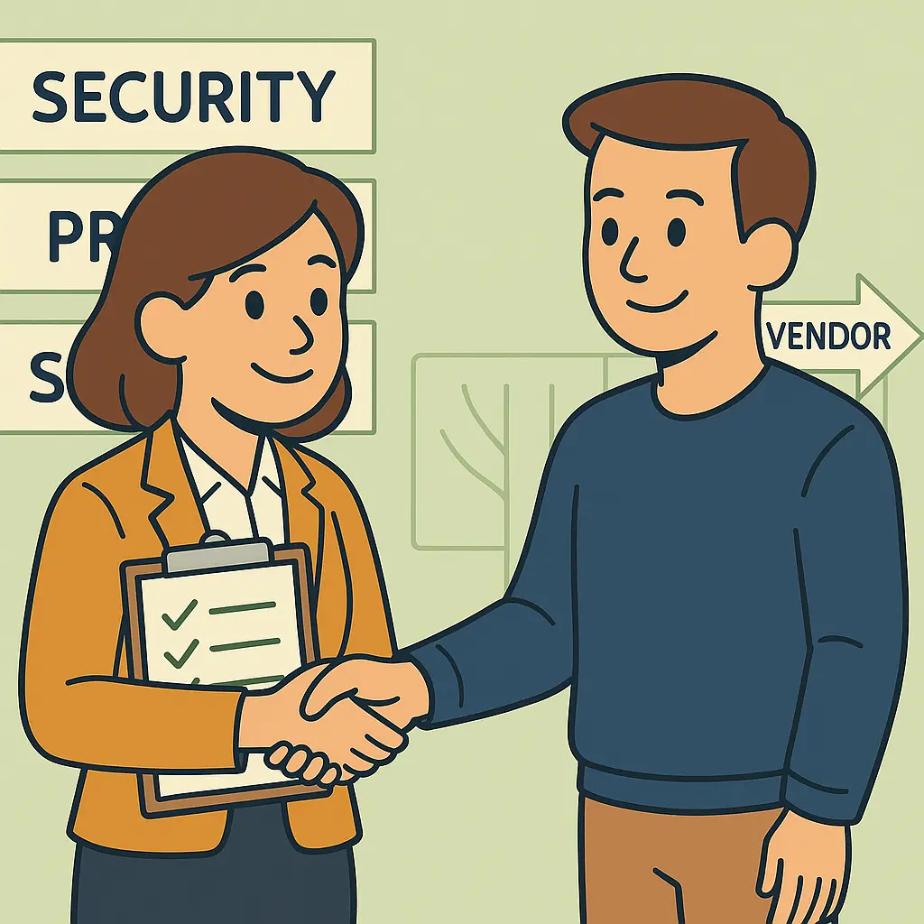 Agnes schudt handen met een leverancier terwijl ze een checklist vasthoudt. Op de achtergrond staan borden met "Beveiliging", "Privacy" en "Ondersteuning".