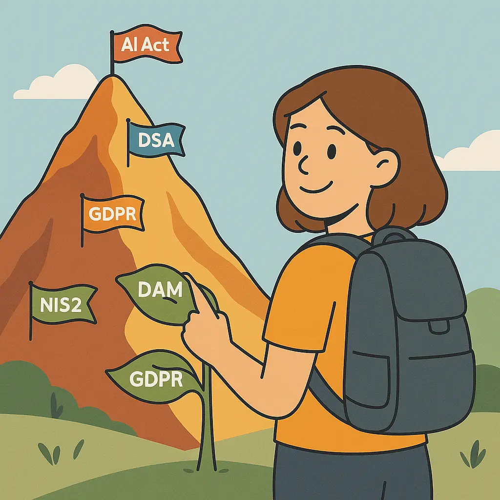 Een persoon die een berg op loopt met wetten erop geschreven