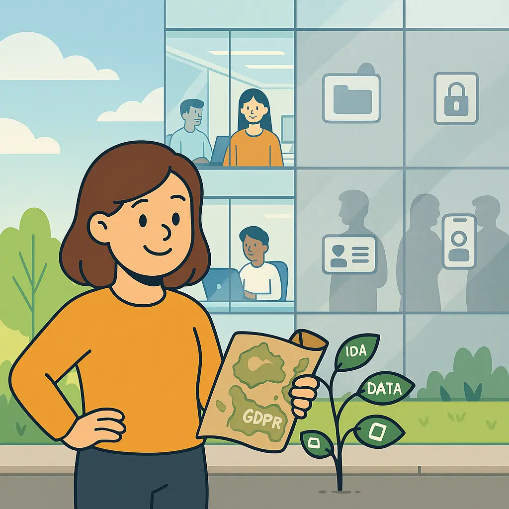 Agnes staat naast een gigantisch vergrootglas en kijkt naar mensen die een duidelijke en simpele privacyverklaring lezen.