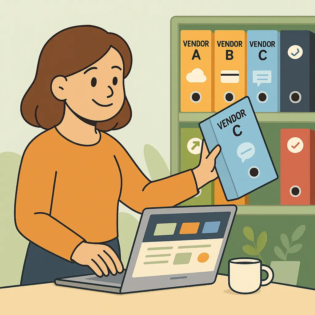 Een cartoonstijl afbeelding van Agnes die kleurrijke leveranciersmappen organiseert in een archiefkast, als symbool voor gestructureerd leveranciersbeheer onder de AVG.