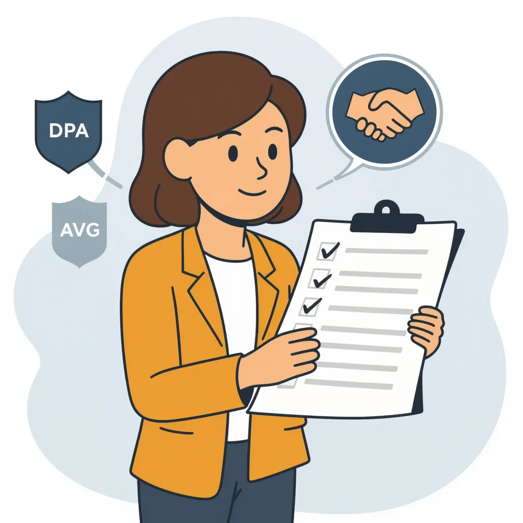 Agnes checks data processing agreements with a checklist next to a stack of supplier folders