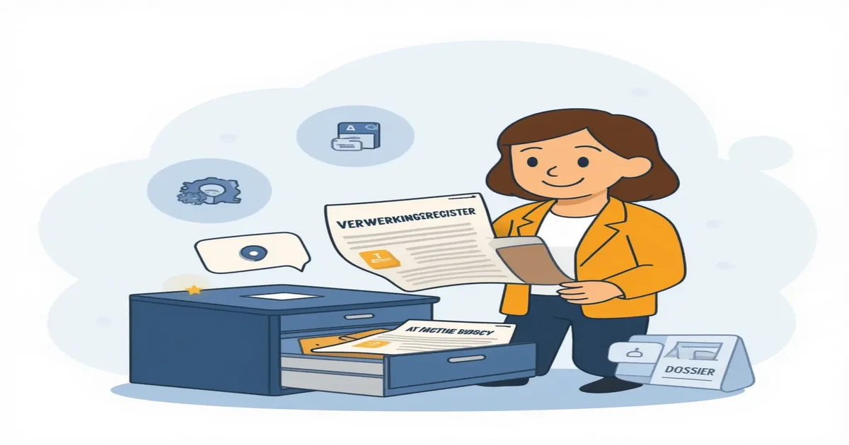 Agnes pulls a processing register from a drawer and places it next to an AI Act document, with a satisfied smile