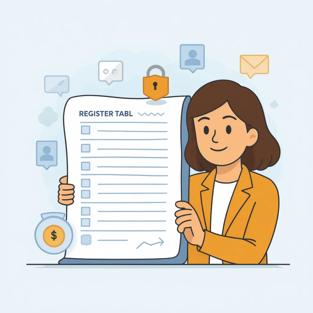 Agnes builds a processing register step by step, surrounded by documents and data symbols