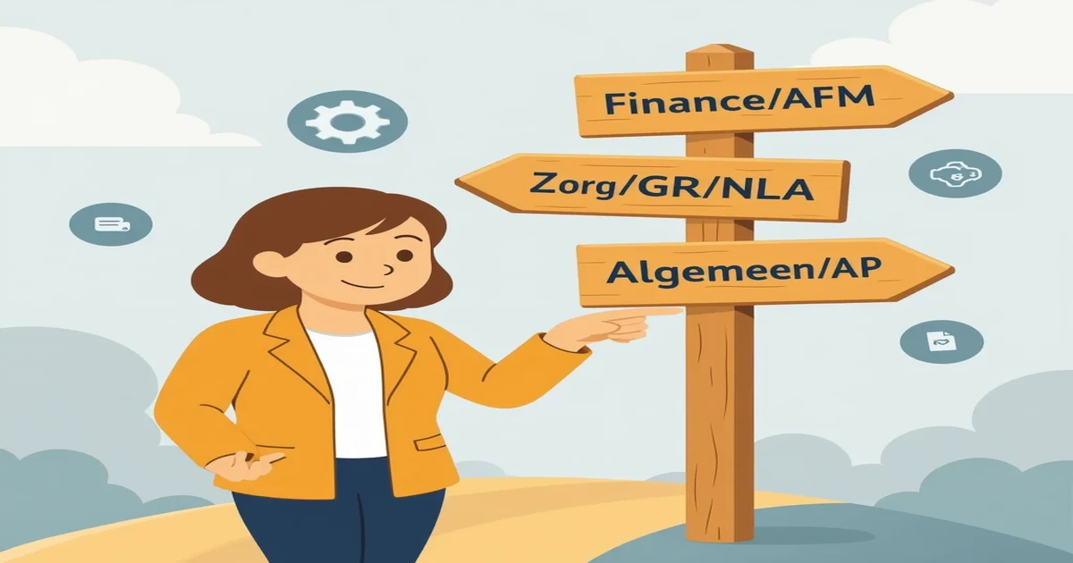 Agnes bij een kruispunt met wegwijzers naar verschillende sectoren: Finance, HR, Zorg en Overig