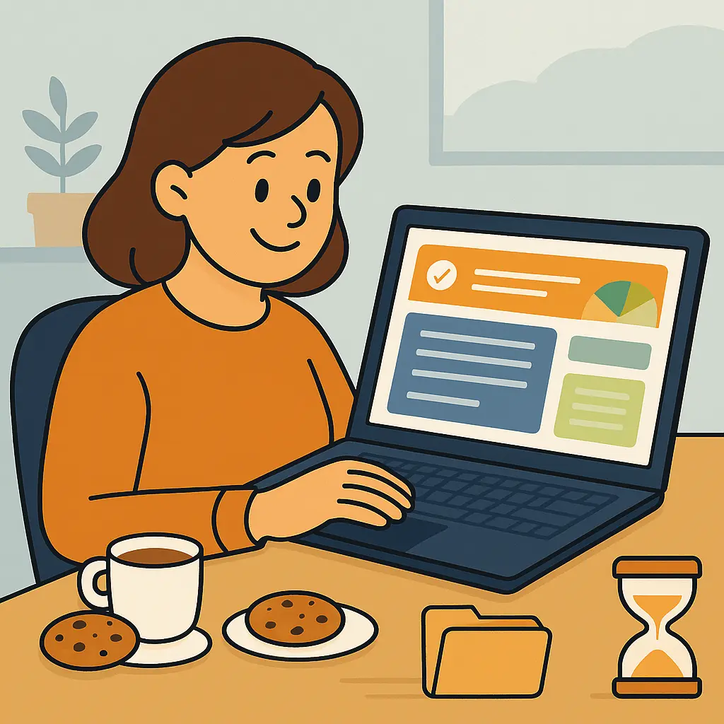 Een cartoonstijl persoon die een website bekijkt, omringd door kleine cookie- en opslagiconen die gegevensopslag symboliseren.