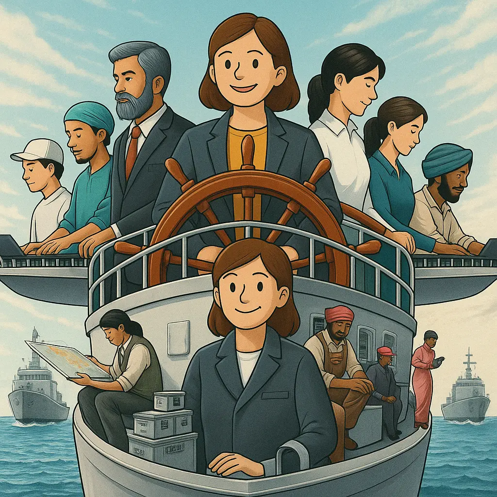 Kapitein bestuurt een schip en bemanningsleden werken