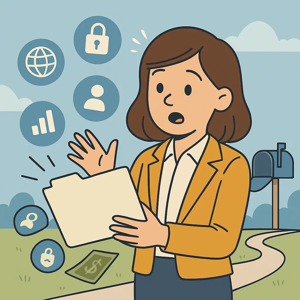 Agnes kijkt geschrokken terwijl een dossier uit haar handen glipt, met zwevende data-iconen en een open brievenbus op de achtergrond.