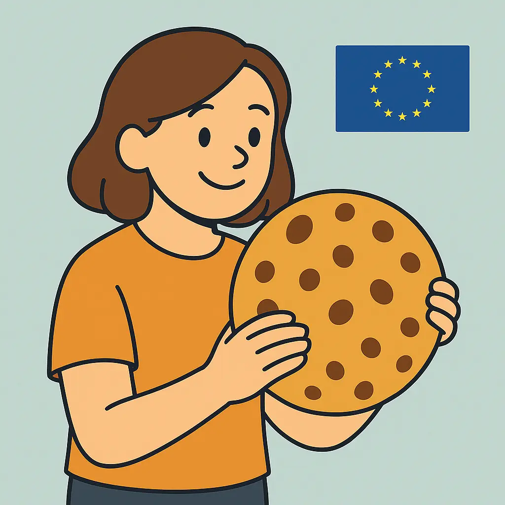 Een persoon die een gigantische cookie vasthoudt met een hap eruit