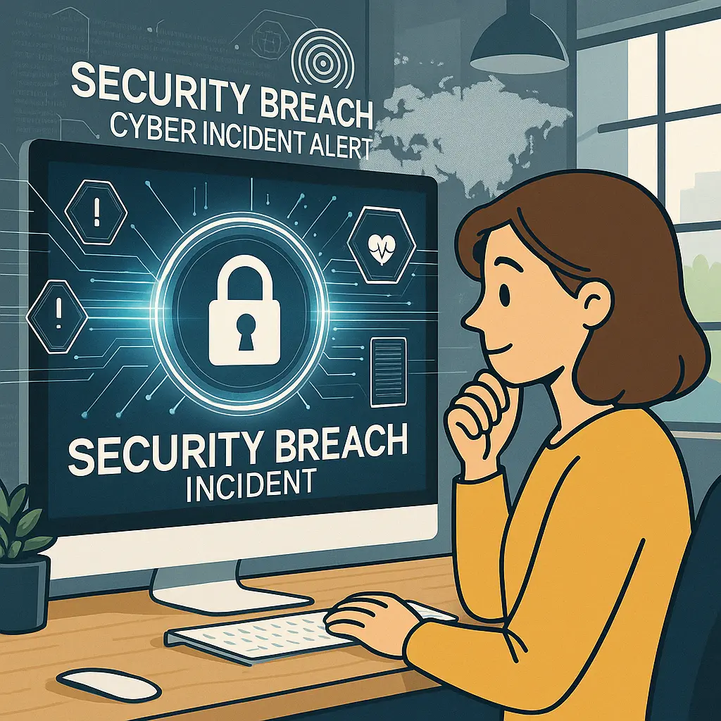 Een waarschuwingsvakje, een bezorgde professional en subtiele cyberbeveiligingssymbolen op de achtergrond.