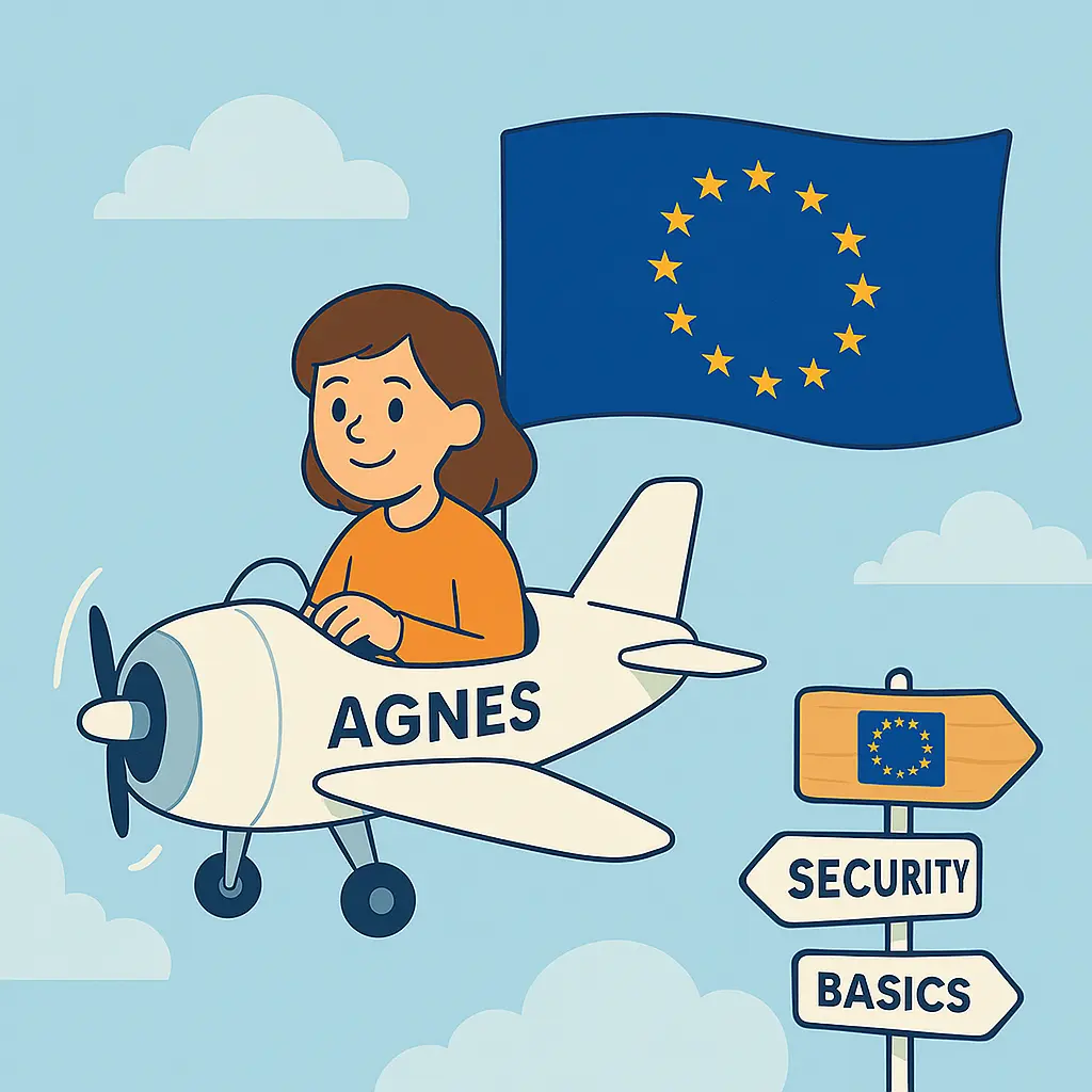 Een persoon die een vliegtuig vliegt met een EU-vlag achter zich.