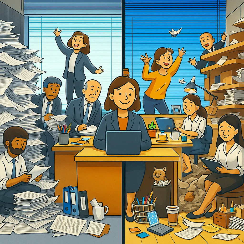 Afbeelding van een bedrijfspresentatie met één presentator en andere mensen rond een tafel